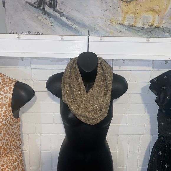 New York & Company Taupe / Beige Infinity Scarf with Metallic Gold thread Detail - Picture 2 of 6